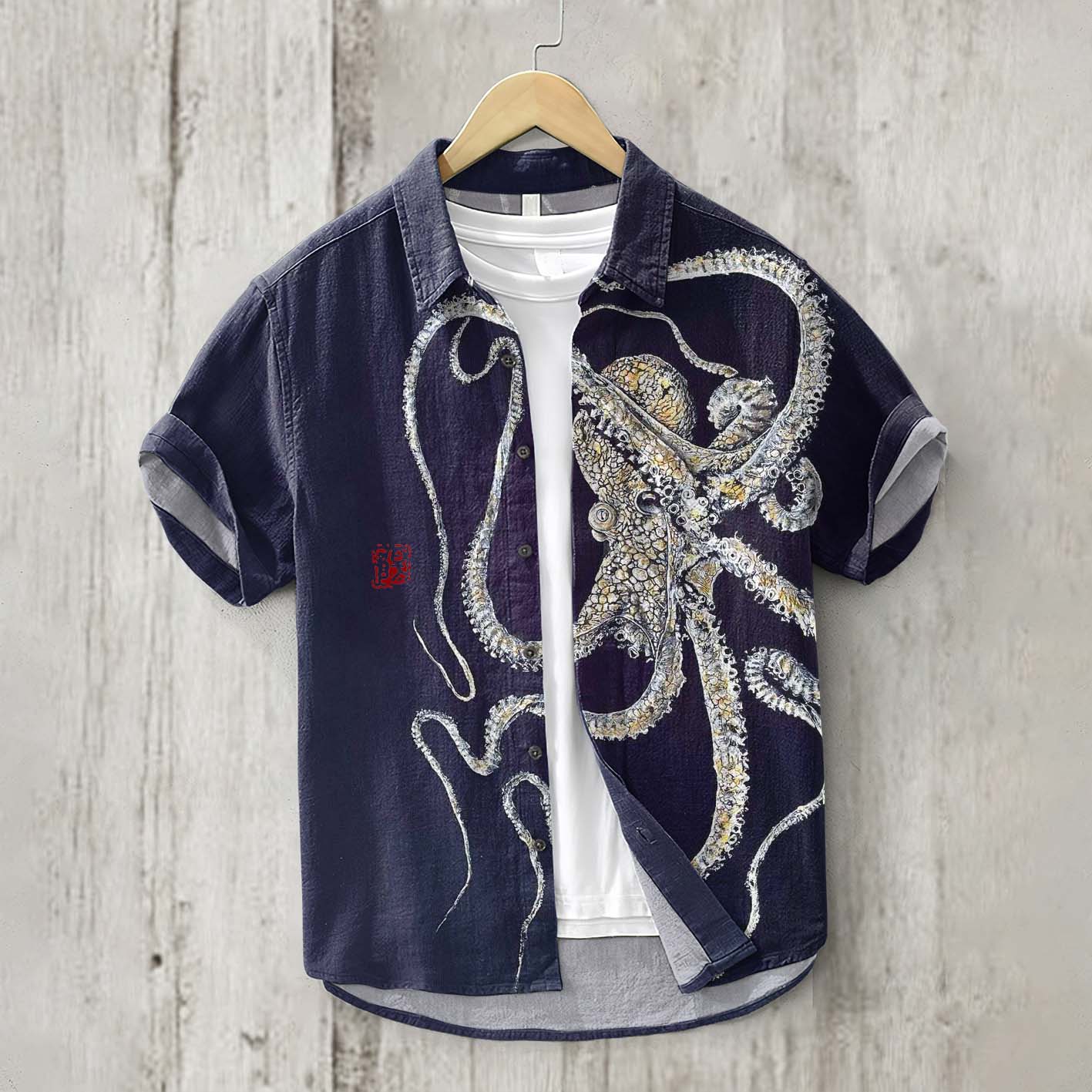 Vintage Japanese Art Octopus Button Linen Blend Shirt elevenforest