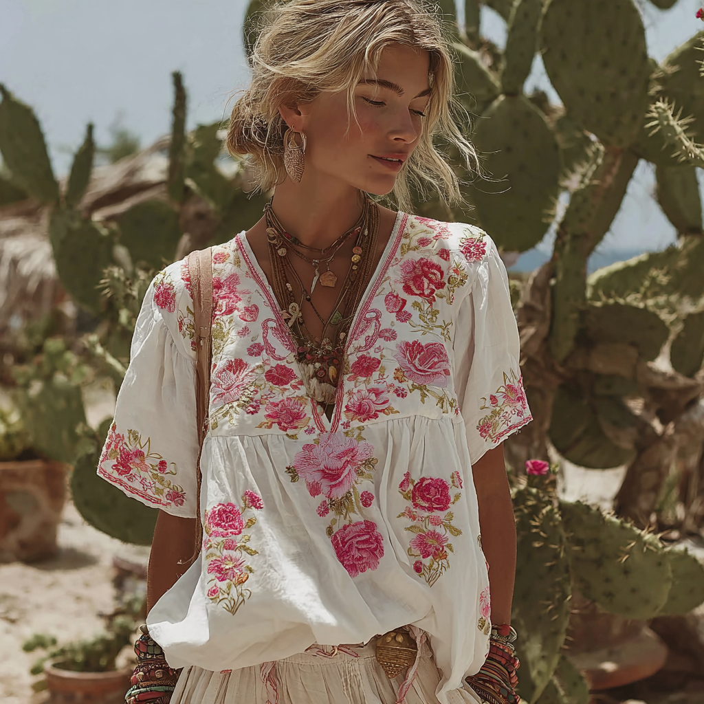 Women's Vintage Floral Embroidered Linen V-neck T-shirt elevenforest
