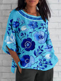 Greek Key & Floral Embroidered Linen Blend Cozy Shirt elevenforest