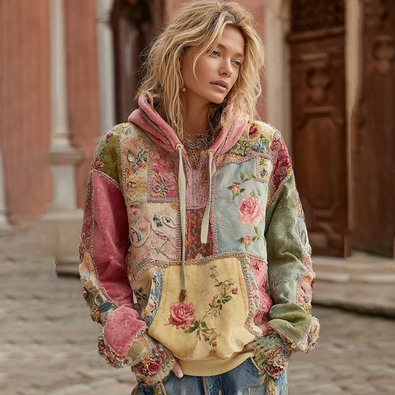Vintage Rose Floral Embroidery Patchwork Art Casual Hoodie elevenforest