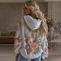 Women's Vintage Pink Flower Embroidery Art Long Sleeve Hoodie elevenforest