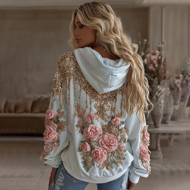 Women's Vintage Pink Flower Embroidery Art Long Sleeve Hoodie elevenforest