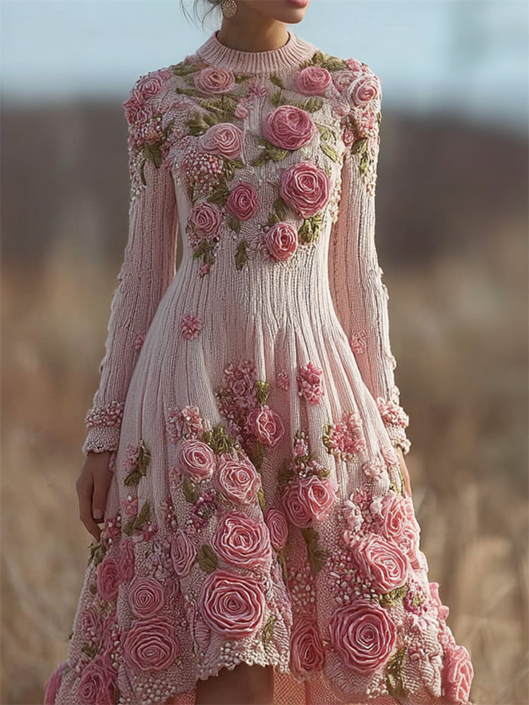 Classy Pink Roses Beaded Cozy Knit Sweater Dress elevenforest