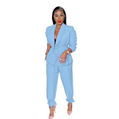 Spring Autumn Color Lace-up Long Sleeve Small Blazer Jogger Pants Suit