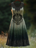 Vintage Nordic Raven Embroidered Gradient Linen Maxi Dress elevenforest