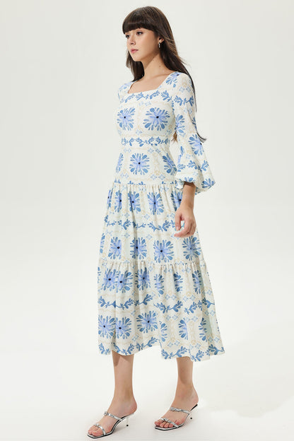 Lantern Sleeve Square Collar Tapered Waist Maxi Dress