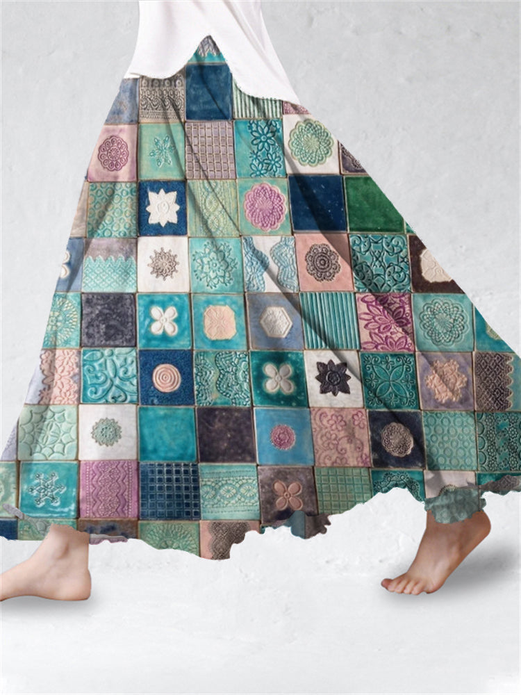 Colorful Floral Print Women's Linen Flutter Half Skirt elevenforest