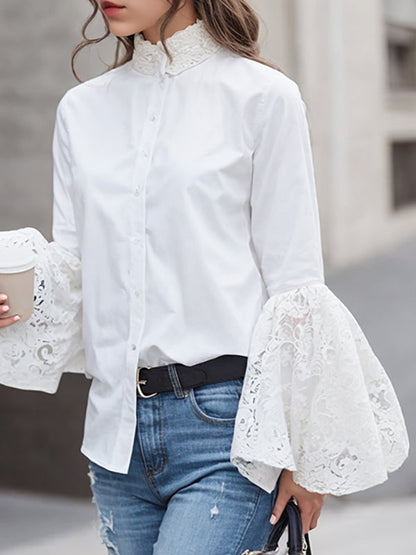 Long Sleeves Loose Buttoned Color Split-joint Mock Neck Blouses&shirts Tops