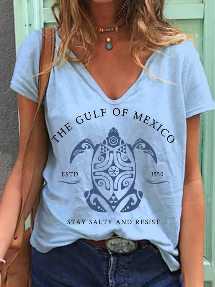 Comstylish Women's Gulf Of Mexico Print V Neck T-shirt