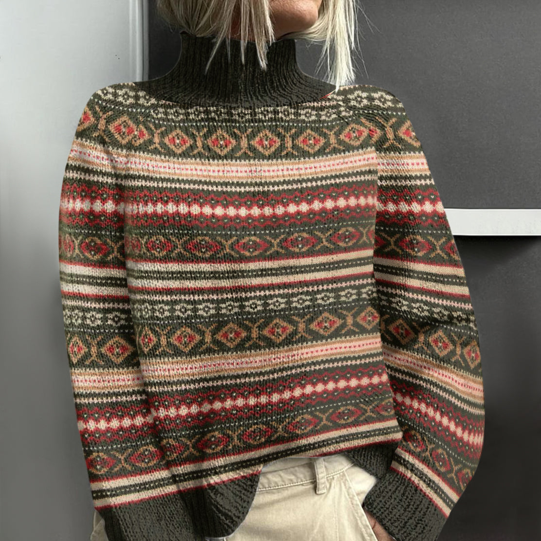 Vintage Icelandic Pattern Knitted Warm Turtleneck Sweater elevenforest