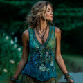 Vintage Classy Gradient Blue Rose And Floral Embroidered Pattern Linen V Neck Tank Top elevenforest