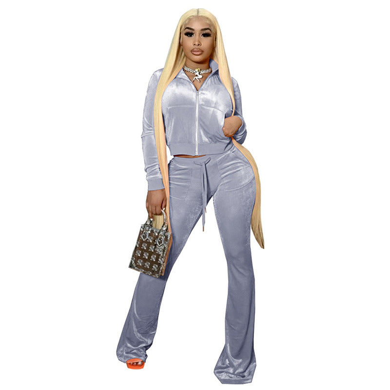Autumn Europe ’s Velvet Zipper Cardigan & Straight Leg Trousers Set