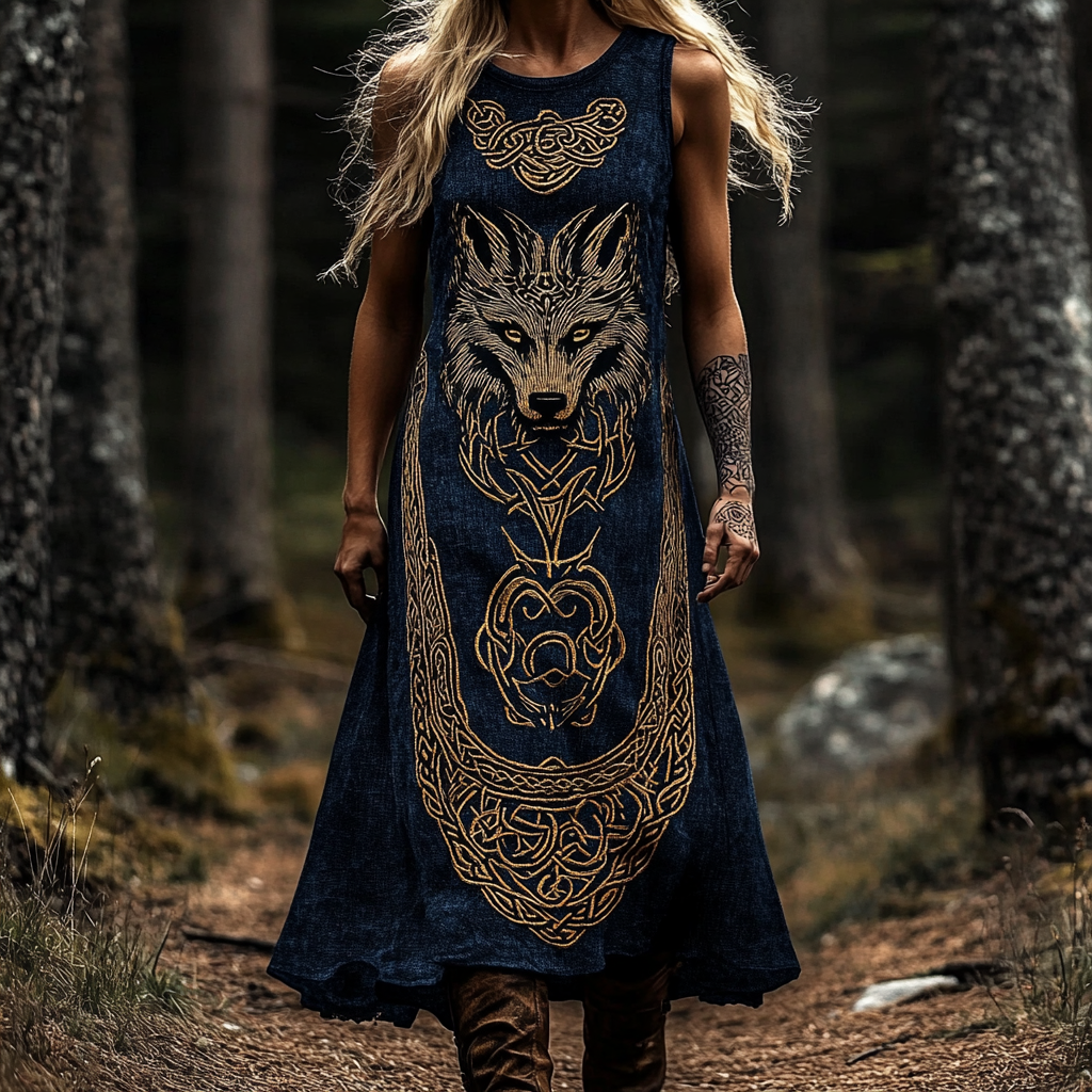 Viking Wolf Pattern Crew Neck Tank Midi Dress elevenforest