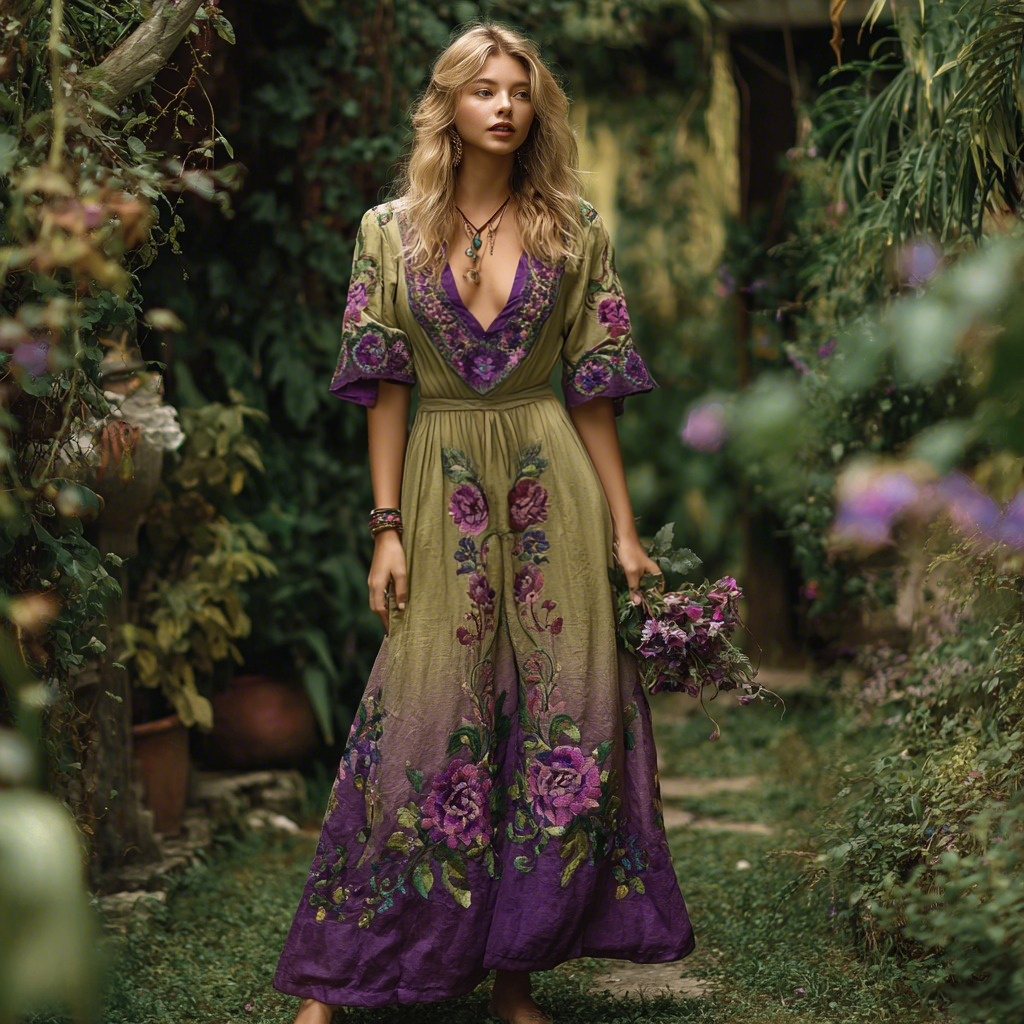 Vintage Gradient Purple Floral Embroidered V Neck Linen Blend Maxi Dress elevenforest