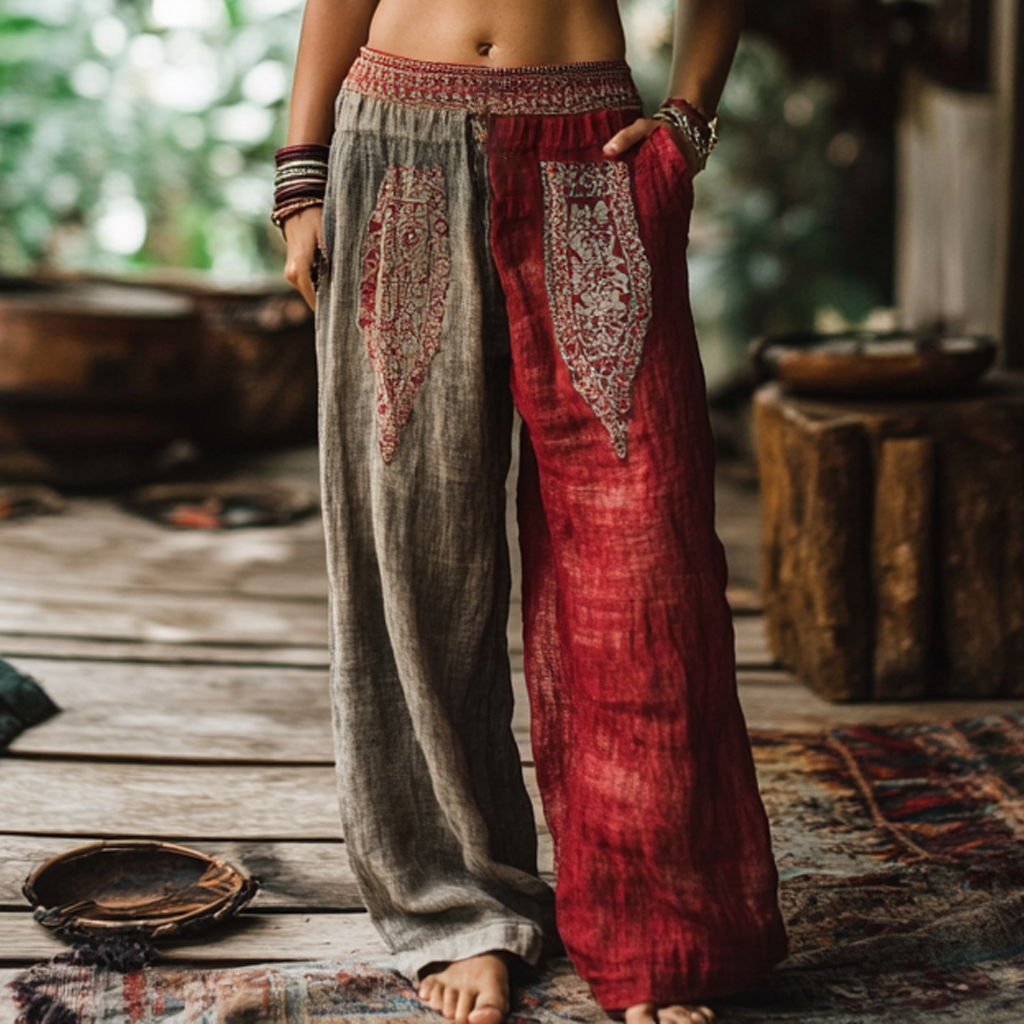 Vintage Bohemian Floral Ethnic Totem Art Printed Cotton Linen Wide Leg Pants elevenforest