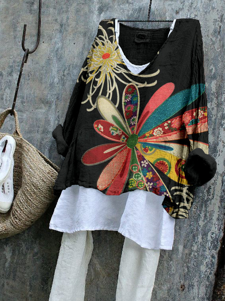 Comstylish Vintage Japanese Flower Art Linen Blend Flowy Tunic