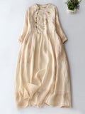 Vintage Japanese Art Embroidery Button Cotton Linen Maxi Dress