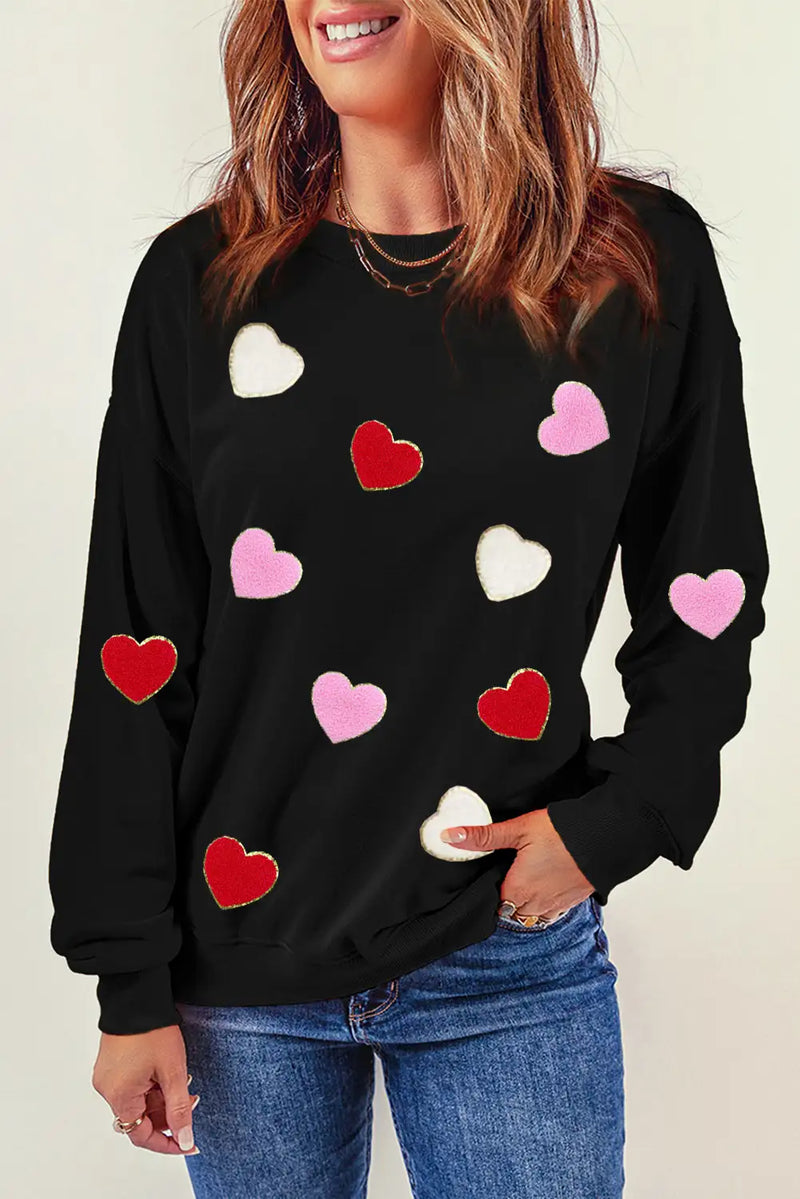 Chenille Embroidered Heart Sweatshirt Black
