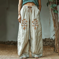 Bohemian Holiday Style Retro Linen Bohemian Leaf Ethnic Totem Print Linen Long Loose Wide-leg Pants elevenforest