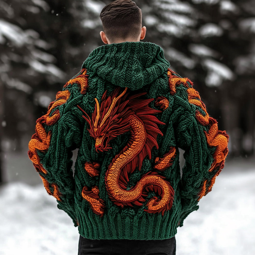 Men's Viking Dragon Celtic Thick Knit Zip-up Hooded Sweater elevenforest