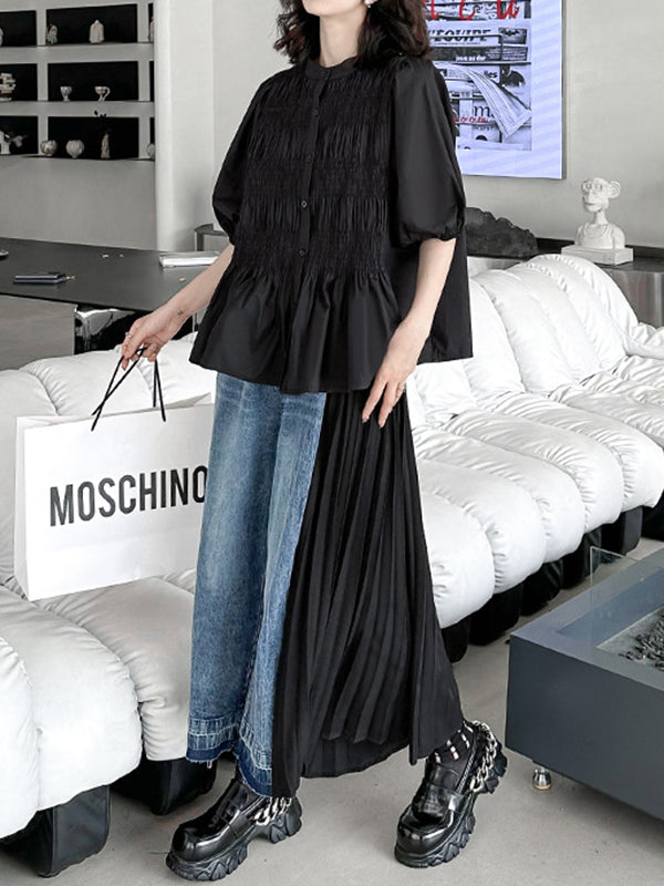 Loose Puff Sleeves Pleated Color Round-neck Blouses&shirts Tops