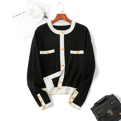 Classic Socialite Knitted Cardigan Contrast Color Coat for Autumn Winter Slimming Long Sleeves Coat Top