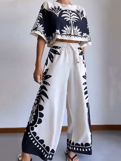 Loose Printed Round-neck T-shirts + Drawstring Elasticity High Waisted Pants Trousers Two Pieces Set
