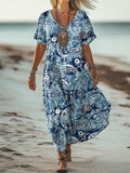Women's Art Floral Hippie Vintage Print V-Neck Short Sleeve Dress