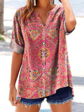 Women's Ethnic Totem Art Print Short Sleeve V-Neck Cotton and Linen Sh