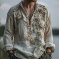 Men's Vintage Roses Fiber Art Gradient Linen Henley Shirt elevenforest