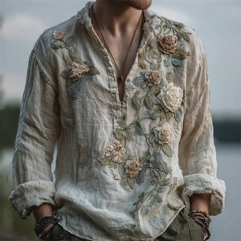 Men's Vintage Roses Fiber Art Gradient Linen Henley Shirt elevenforest