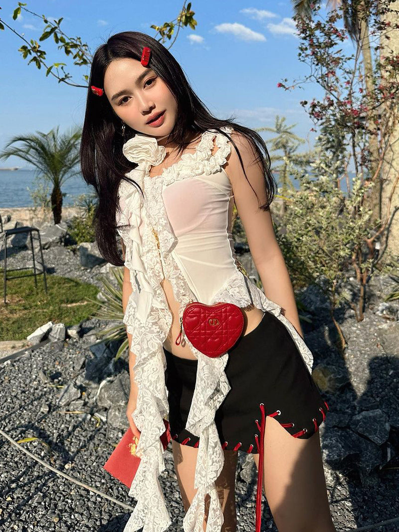Taruxy Hollow Out Lace Crop Top Off Shoulder Bodycon Bandage Slim Tank Tops Folds Lace-up T-shirts Femme