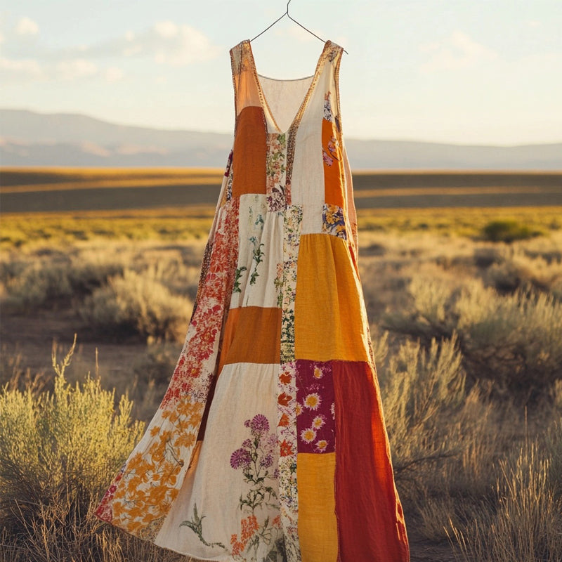 Boho Vintage Patchwork V Neck Flowy Linen Dress elevenforest
