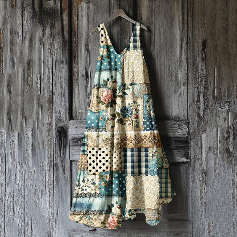 Women's Vintage Floral Patchwork Art Linen Dress elevenforest
