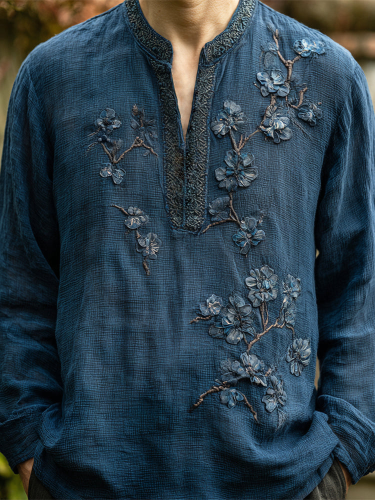 Boho Floral Embroidery Men's Linen Long Sleeve Shirt elevenforest