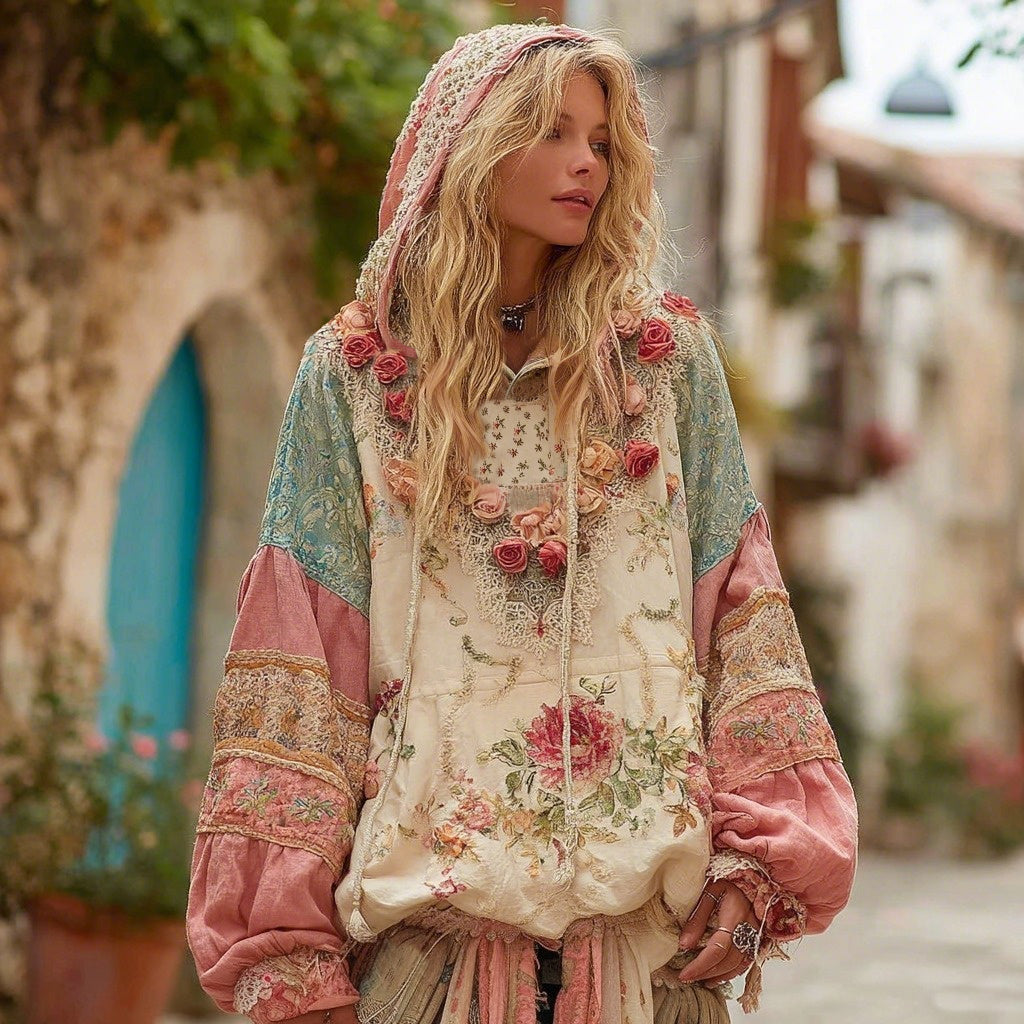 Love & Health Collection Classic Floral Patchwork Art Linen Long Sleeve Hoodie elevenforest