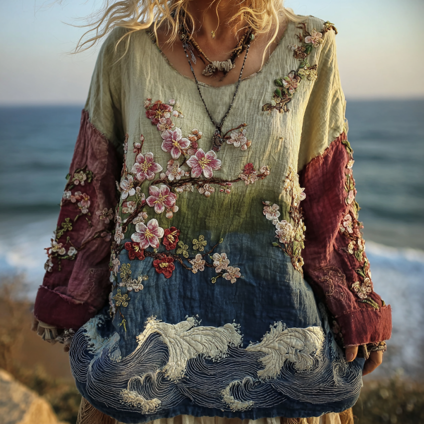Classy Gradient Japanese Sakura Cherry Blossoms And Sea Wave Embroidered Pattern Linen Long Sleeve Shirt elevenforest