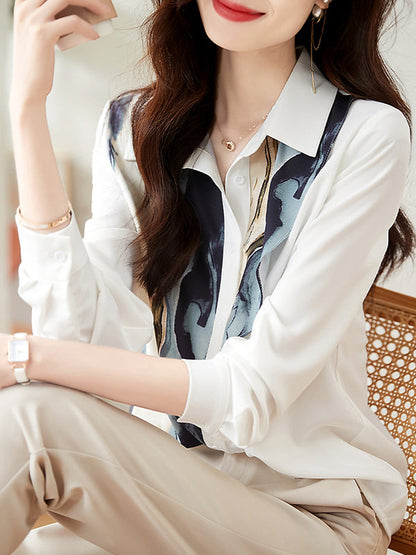 Long Sleeves Loose Buttoned Printed Lapel Blouses&shirts Tops