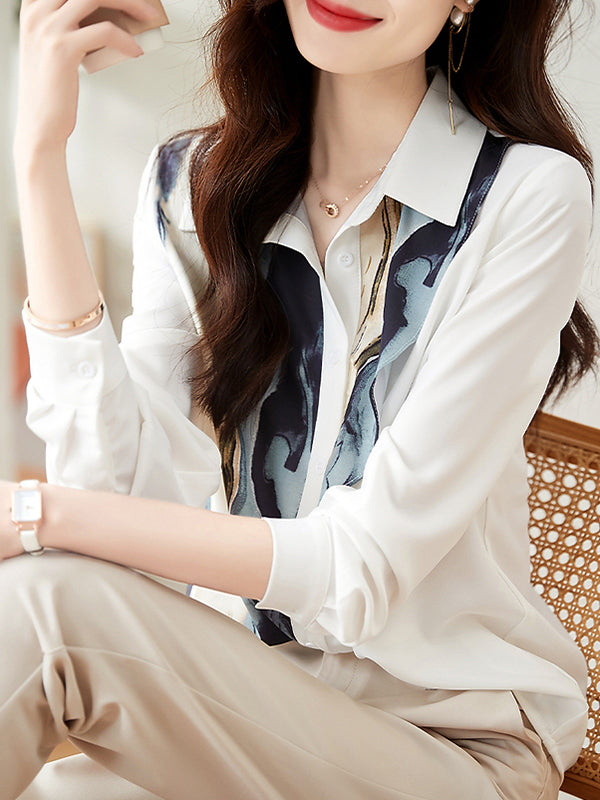 Long Sleeves Loose Buttoned Printed Lapel Blouses&shirts Tops