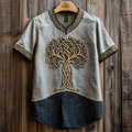 Men's Viking Tribal Tree Of Life With Celtic Knotwork Embroidered Linen Round Neck T-shirt elevenforest
