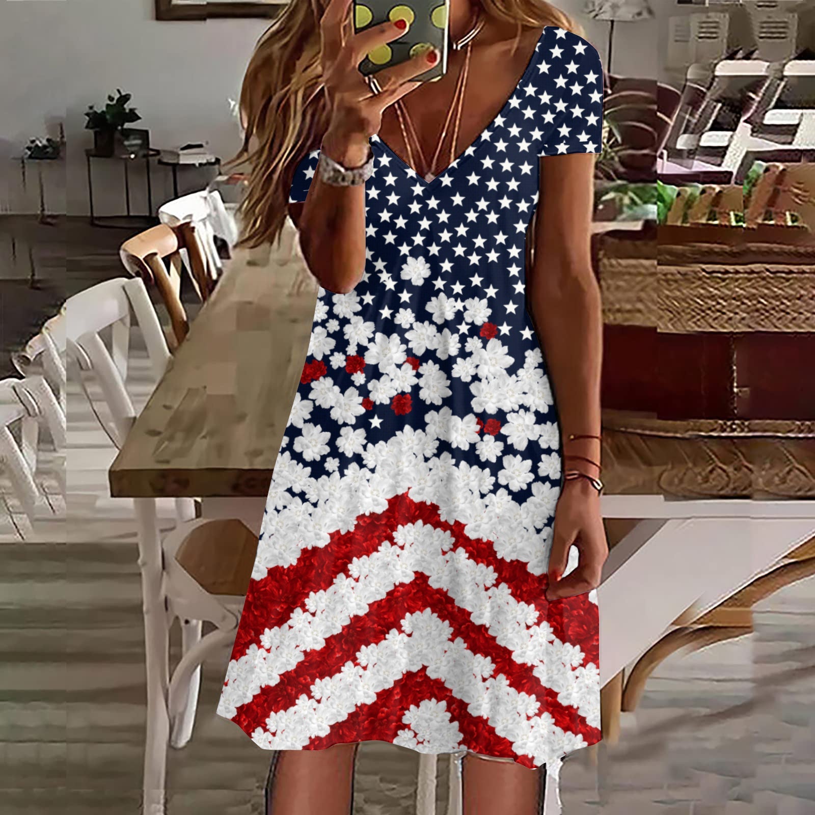 Comstylish Women's Vintage Independence Day Flowers Art Short Sleeve Dress