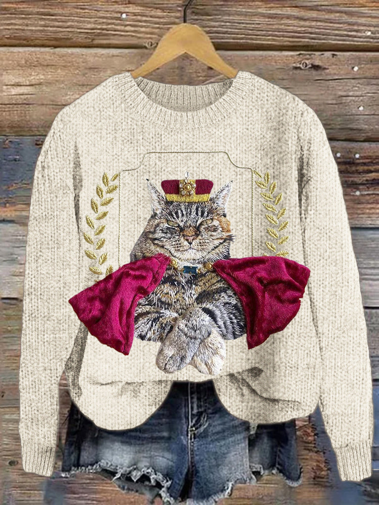 King Cat 3d Embroidery Women's Cozy Sweater elevenforest