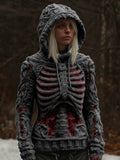 Comstylish Women's Vintage White Skeleton Color Block Art Cozy Hooded Sweater