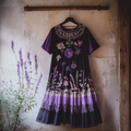 Bohemian Lavender Gradient Embroidery Patchwork Art Linen Round Neck Midi Dress elevenforest