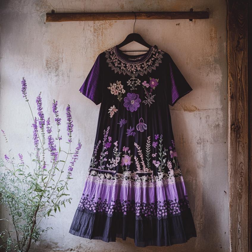 Bohemian Lavender Gradient Embroidery Patchwork Art Linen Round Neck Midi Dress elevenforest