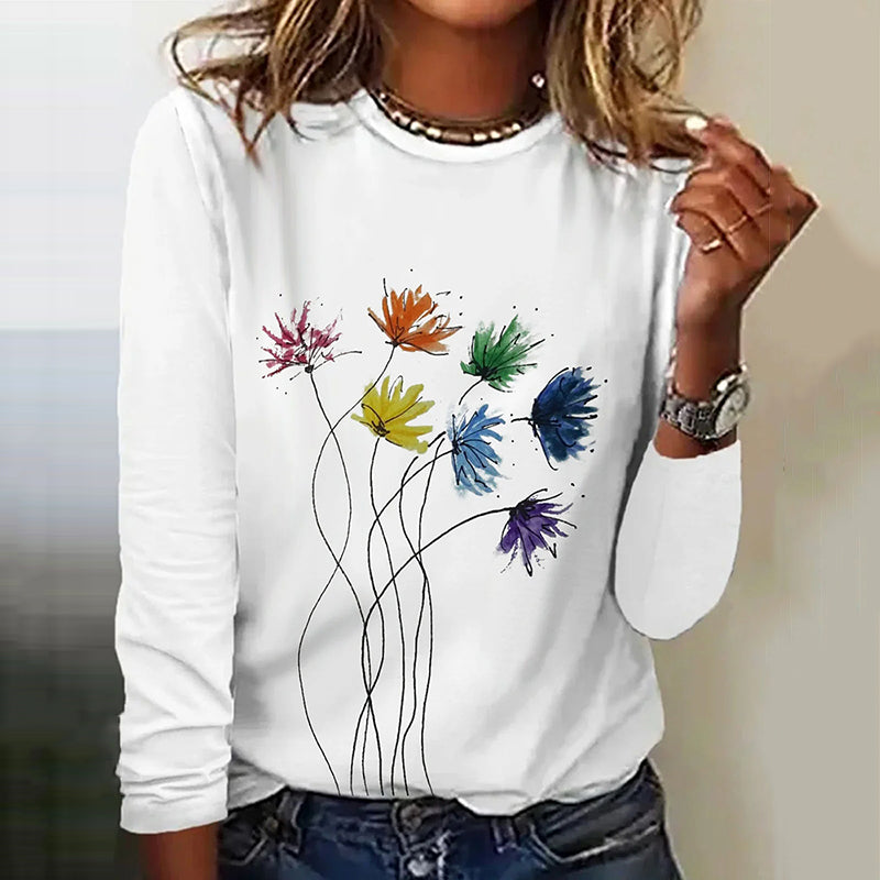 Comstylish Daisy Print Long Sleeve Casual T-shirt