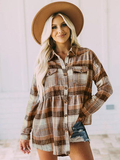 Loose Checkered Lapel Blouses&shirts Tops
