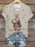 Comstylish Women's Cute Rabbit Embroidery Graphic Print Casual V-neck T-shirt