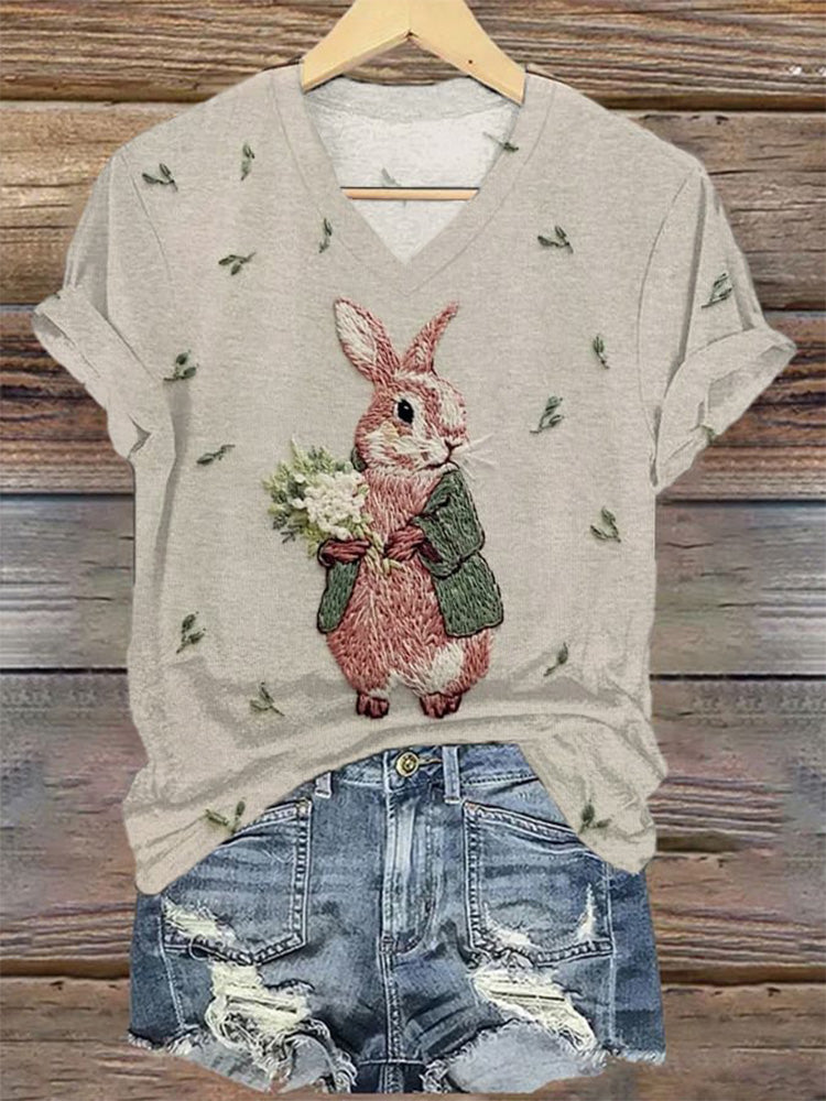 Comstylish Women's Cute Rabbit Embroidery Graphic Print Casual V-neck T-shirt