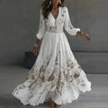 Women's Vintage Floral Embroidery Art V-neck Casual Long Sleeve Maxi Dress elevenforest